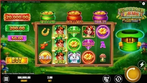 Harrigan & Hare Rainbow Bonanza Power Combo slot machine interface featuring leprechaun and rabbit characters