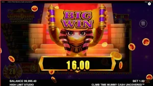 Tampilan visual slot Climb Time Mummy Cash Uncovered dengan tema Mesir Kuno yang modern