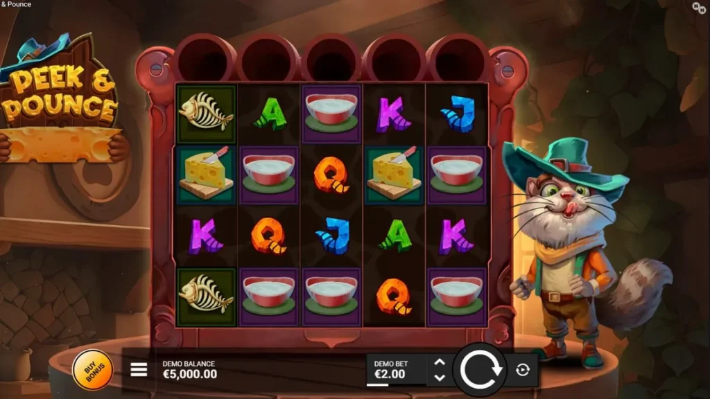Tampilan visual slot Peek & Pounce dengan karakter kucing dan tikus yang lucu