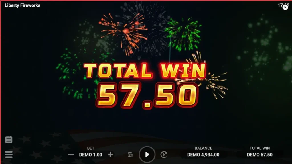 Liberty Fireworks 3 Pots slot game screen with fireworks and patriotic symbols